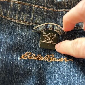 Eddie Bauer Light Blue Denim Jacket with Tan Stitching